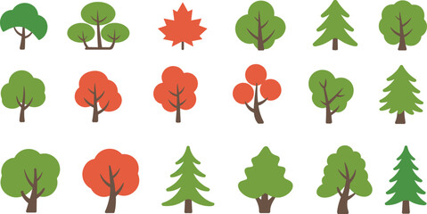 Collection of flat stylized tree icons in green and red colors, minimal nature illustration for eco design, forest, and landscaping projects