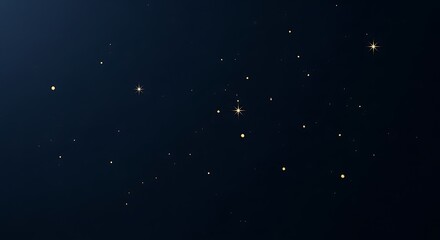 Numerous golden sparkling particles float against a deep dark blue background, creating a magical and festive atmosphere.