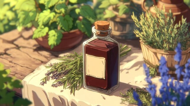 Herbal essence bottle on rustic wooden table, surrounded by green herbs and vibrant flowers, evokes natural wellness themes.