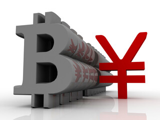 3d illustration bitcoin sign currency in gold coin  with yen sign 