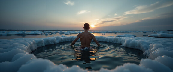 Man enjoying a winter ice swim at sunset in icy water
