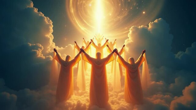 A surreal image of true believers rising towards paradise, their bodies wrapped in glowing, translucent robes. journey from earthly trials to divine reward. 