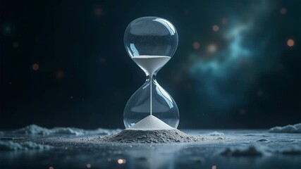 Glass hourglass with white sand flowing sparkling stars on dark rocky ground surrounded by blue mystical mist ethereal night atmosphere - Powered by Adobe