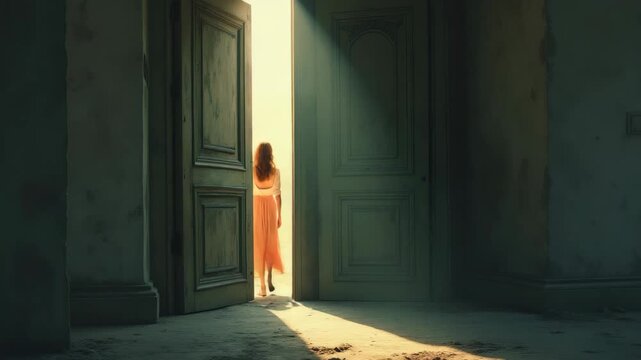 Portrait of an individual at a crossroads, standing before an ancient, weathered door, with warm, inviting light spilling out, symbolizing hope and a miraculous second chance. 