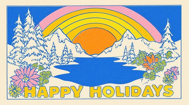 Holiday landscape illustration with snow-capped mountains, blue lake, evergreen trees, colorful flowers, rainbow, orange sun, and bold "Happy Holidays" text on textured background. 