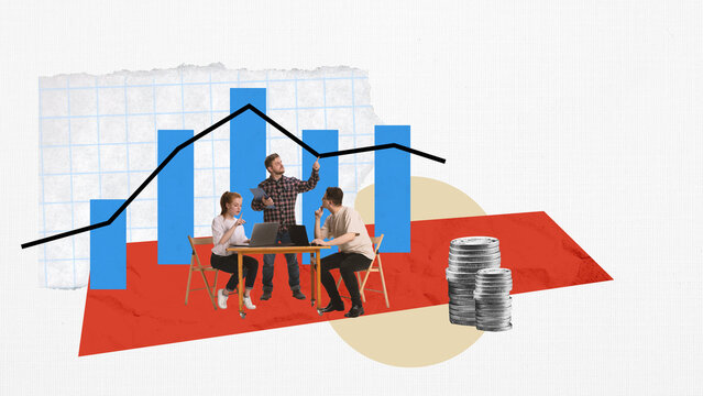 Modern collage. Team brainstorming beneath tall blue bar chart with active gestures and focus. Concept of teamwork, corporate analytics, financial interpretation and motivated collaboration.