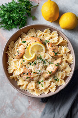 Fictional Lemon Chicken with Farfalle Pasta in a bowl, lemon, garlic, parsley. Sprinkled with grated parmesan on a marble background. Weeknight dinner skillet meal. Concept for menus, brochures.