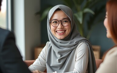 Asian girl and lady in hijab smiling during business meeting. High quality