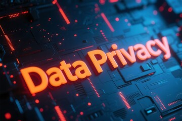 Orange data privacy text on a dark blue tech background with red light accents and circuit board details