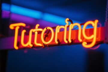 Orange neon tutoring sign against a dark blue background with purple and blue neon lights above it