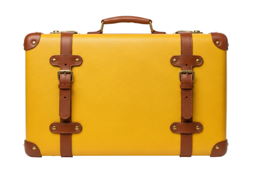 Vintage Yellow Suitcase with Brown Straps on a Transparent Background