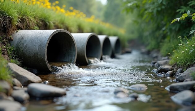 Concrete pipes drain water into river. Drainage system manages stream among nature. Culvert carries water under ground. Landscape includes green plants, flowers, stones. Pipes help control storm