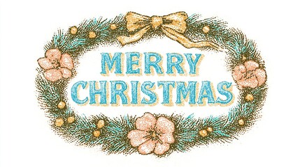 Christmas wreath design with dot-style texture, featuring pine foliage, pink flowers, golden bow, and bold "Merry Christmas" text in blue-orange hues on white background. 
