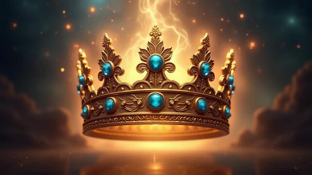 Golden crown with blue sapphire gems glowing in mystical blue starry mist surrounded by sparkling golden light ethereal royal atmosphere, concept of  leadership success