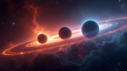 An expansive, dynamic scene of a rare planetary alignment. Majestic planets glow in varying hues from fiery reds to cool blues against a swirling, vibrant nebula. 