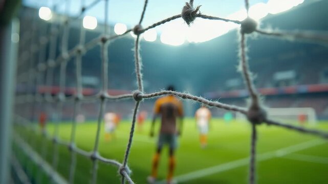 Torn soccer net, with frayed threads visible in extreme detail. In the blurred background, a player stands in a stadium, adding depth and context. 
