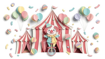 Whimsical Circus Scene with Clown and Pastel Balloons.
