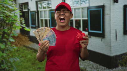 Man holding fan of pesos and a red piggybank at building entrance, mouth open in a shout; money...