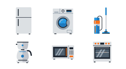 Modern flat design household appliances set - refrigerator, washing machine, vacuum, coffee maker, microwave, oven.
