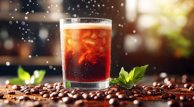 Refreshing iced coffee beverage in a clear glass, surrounded by coffee beans and mint leaves, with droplets of water creating a vibrant, appetizing atmosphere