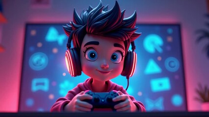 Young boy smiling looking at camera playing video game with controller and headset in neon lit gaming room with monitor plants and colorful lights excited gaming scene - Powered by Adobe