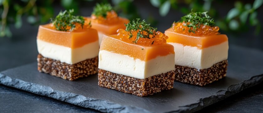 Gourmet layered dessert with orange jelly, white cream, and caviar on a dark stone plate, garnished with fresh greens.