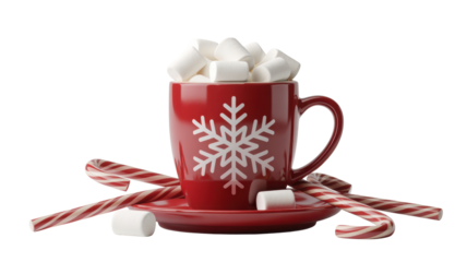 Festive red mug filled with fluffy marshmallows and topped with a snowflake design isolated on transparent background