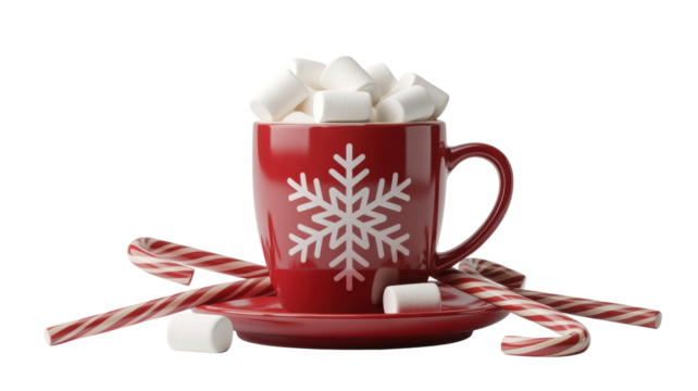 Festive red mug filled with fluffy marshmallows and topped with a snowflake design isolated on transparent background
