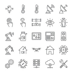 Fototapeta premium Modern Smart Home and IoT Line Icons Set, featuring automation, security, connectivity, and sensor technology symbols.