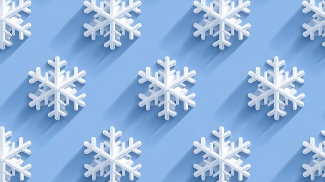 Christmas 3D snowflake seamless pattern—white geometric snowflakes with soft shadows on light blue background. Festive winter design suitable as wallpaper, poster or card for holiday celebrations  - Powered by Adobe