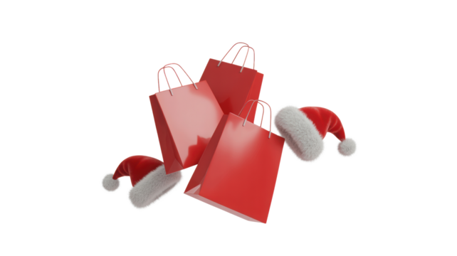 Festive red shopping bags and santa hats arranged in a dynamic cluster symbolizing holiday season purchases and gifts isolated on transparent background