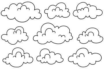 Hand-drawn doodle set of clouds on a white background.