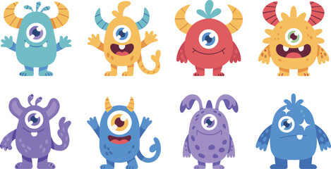 Colorful cute cartoon monster characters collection with funny expressions, vector illustration of adorable fantasy creatures for kids design and decoration