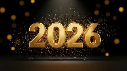 Bold ‘2026’ typography surrounded by floating golden glitter particles on a black background creates a festive and elegant New Year visual.