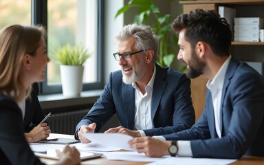 Business people having a business meeting. Happy diverse business team young and old workers talking brainstorming on project in office. High quality