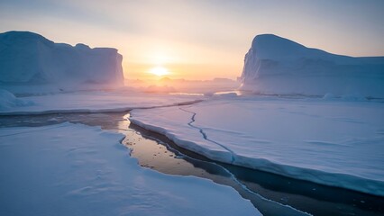 Arctic landscape at sunset with icebergs and icy water channel.