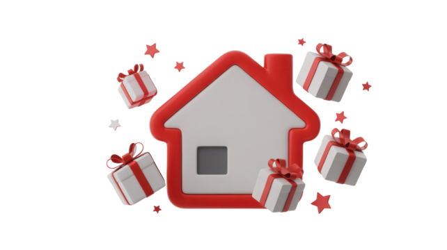 Festive red and white house icon surrounded by gift boxes and stars isolated on transparent background