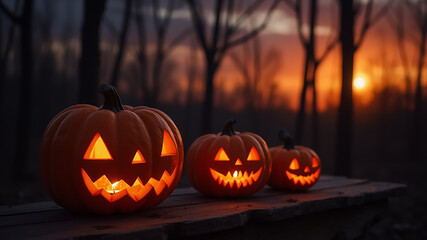 Halloween Jack O Lantern Pumpkins Glowing Sunset Spooky Atmosphere