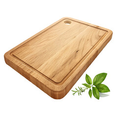 Wooden cutting board isolated on transparent background with fresh herbs