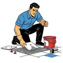 Tile Setter Laying Ceramic Floor Tiles with Mortar and Trowel, Construction Worker Installing Flooring, Vector Illustration of Building Trade and Home Renovation Service