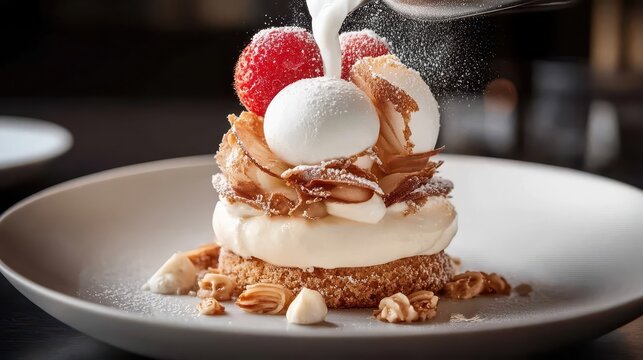 Dessert creation with cream, berries, and nuts dusted with sugar on a plate