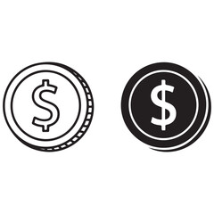 Two Stylized Dollar Coin Icons in Outline and Solid Black Styles