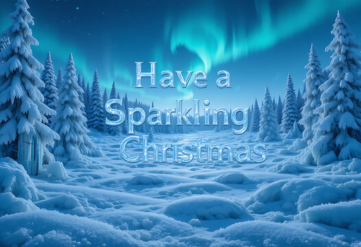 Majestic winter forest landscape with snow-covered trees, featuring a sparkling Christmas greeting and aurora borealis.