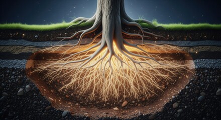 Intricate Tree Roots Exposed Below Ground Surface with Soil Layers and Magical Glow