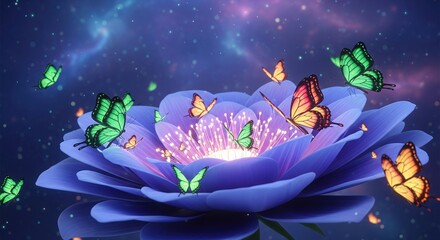 Stunning Fantasy Flower With Colorful Butterflies in Dreamy Cosmic Background