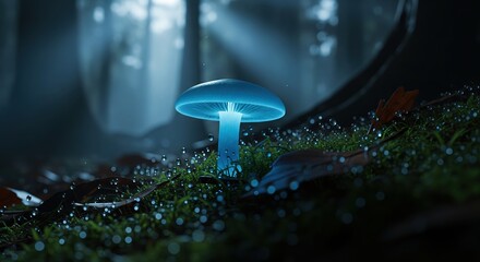 Glowing Blue Mushroom in a Mystical Forest with Dew Drops and Soft Light