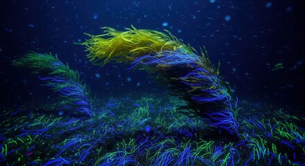 Colorful underwater scene with vibrant aquatic plants and luminous jellyfish in deep ocean
