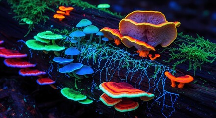 Vibrant and Colorful Mushrooms Growing on Dark Log in Lush Forest Environment at Night