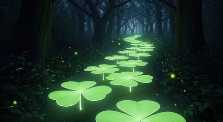 Enchanted Forest Pathway with Glowing Clover Leaves and Mystical Lighting Effects