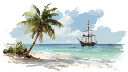 Tropical Beach Painting with Palm Tree and Ship - Relaxing Seascape Artwork